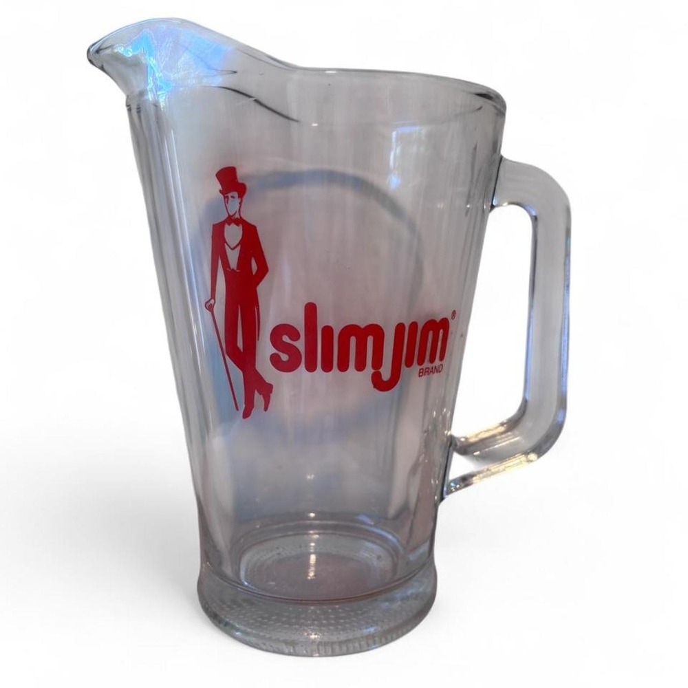 Vintage Slim Jim Glass Counter Display Pitcher Jar Top Hat Gentleman Logo 9in